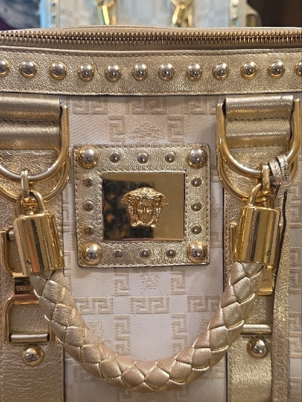 Gorgeous Versace Cream and Gold Medusa Studded Satchel with Braided Handle - Picture 12 of 16